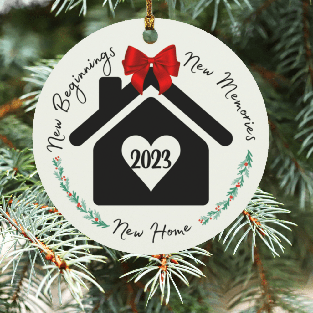 New Home Red Bow Circle Ornament - Dearly Loved Designs