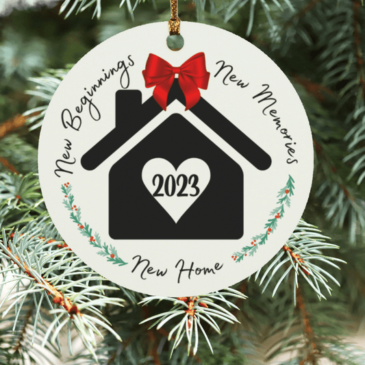 New Home Red Bow Circle Ornament - Dearly Loved Designs