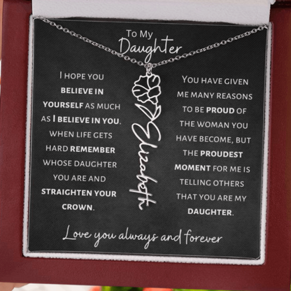 Daughter - Believe in Yourself - Birth Flower Vertical Name Necklace - Dearly Loved Designs