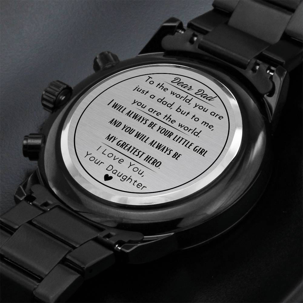 Dear Dad, My Greatest Hero, From Daughter - Engraved Black Chronograph Watch - Dearly Loved Designs