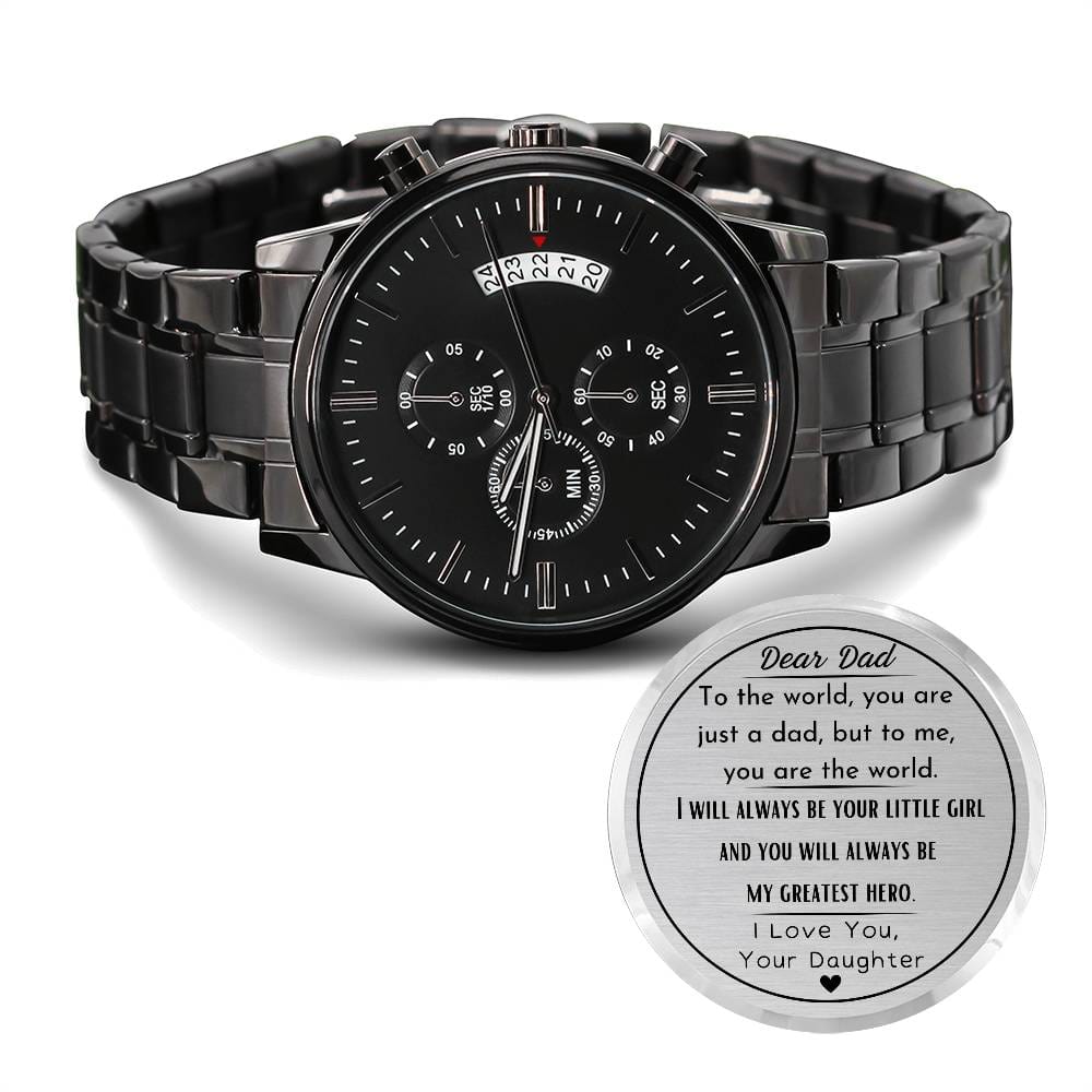 Dear Dad, My Greatest Hero, From Daughter - Engraved Black Chronograph Watch - Dearly Loved Designs