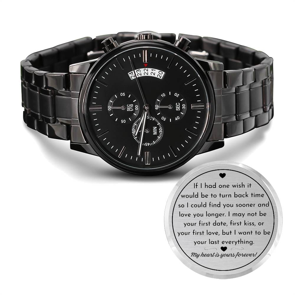 Find You Sooner and Love You Longer - Engraved Black Chronograph - Dearly Loved Designs