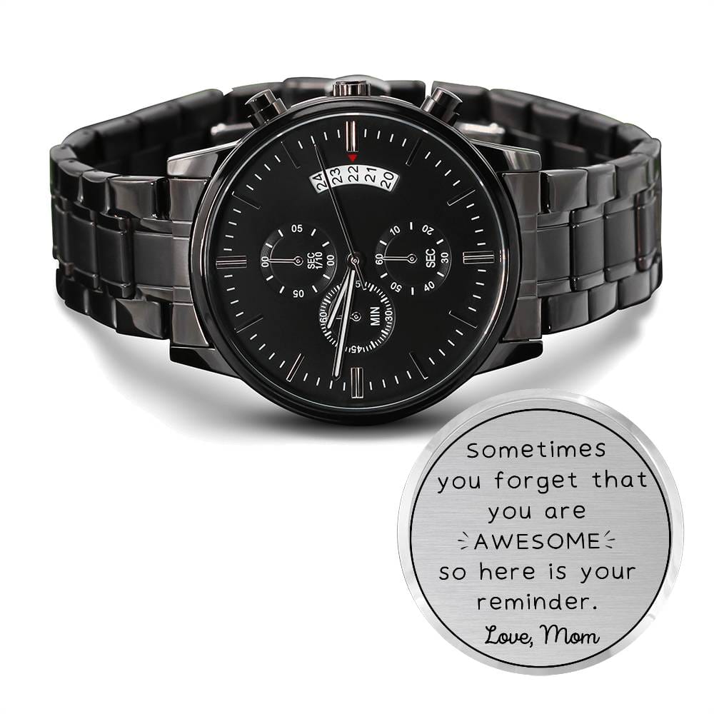 You Are Awesome, Love, Mom - Engraved Black Chronograph Watch - Dearly Loved Designs