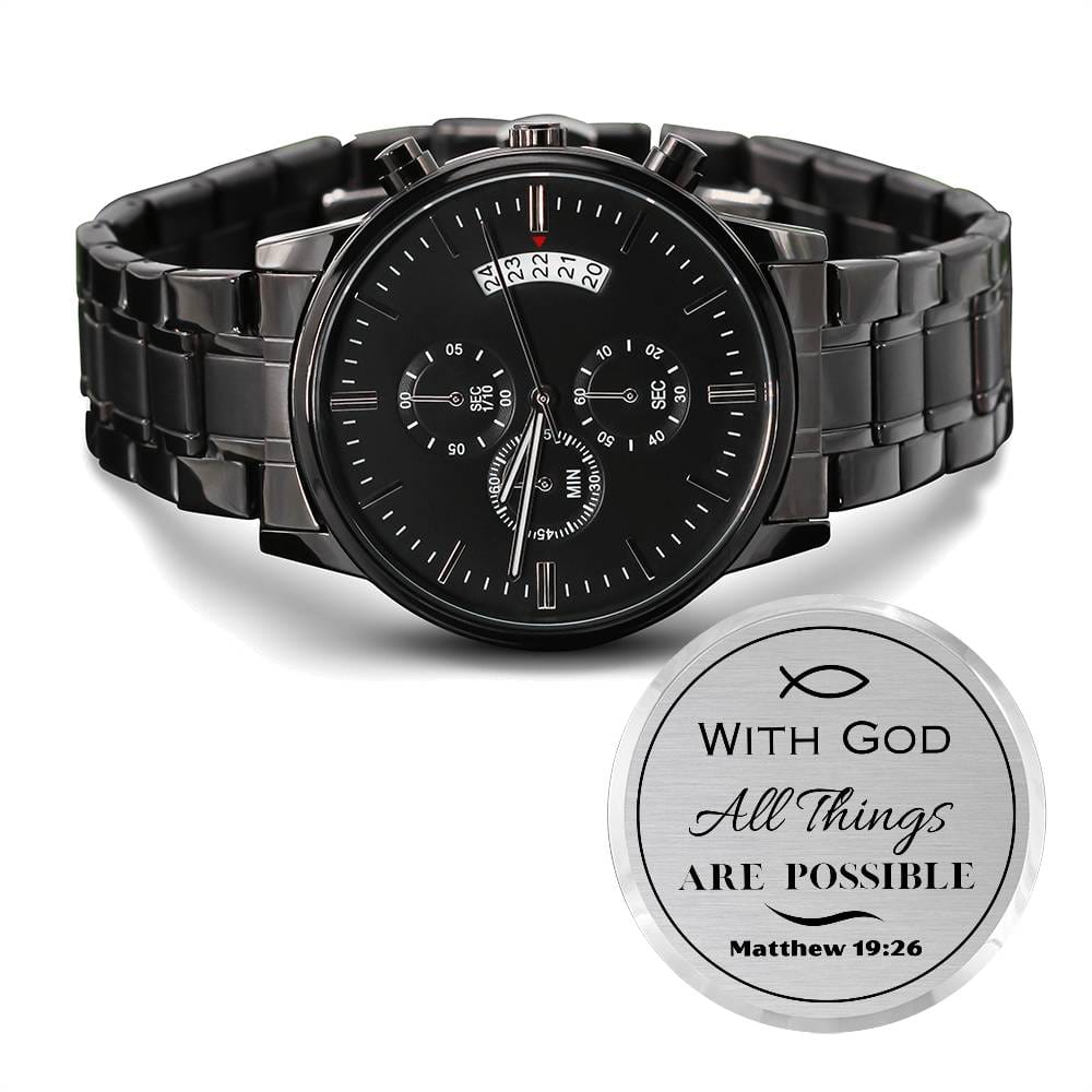 With God All Things Are Possible - Engraved Black Chronograph Watch - Dearly Loved Designs