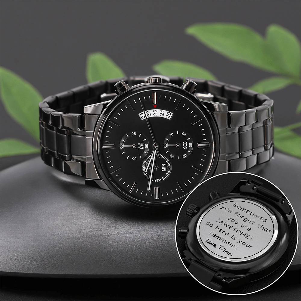 You Are Awesome, Love, Mom - Engraved Black Chronograph Watch - Dearly Loved Designs