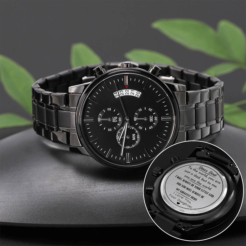 Dear Dad, My Greatest Hero, From Daughter - Engraved Black Chronograph Watch - Dearly Loved Designs