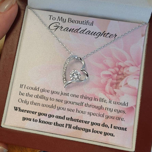 To My Beautiful Granddaughter - Forever Love Necklace with Pink Flower Message Card - Dearly Loved Designs