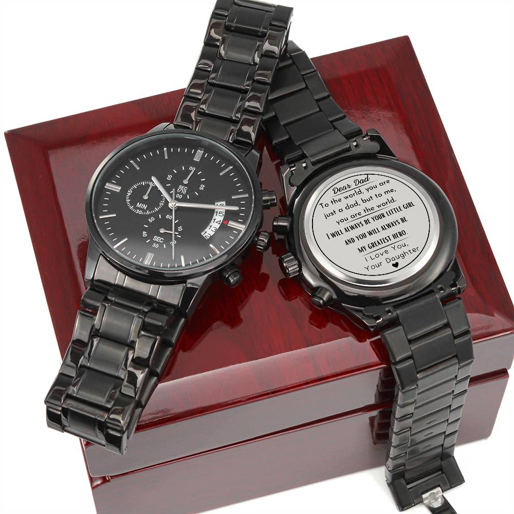 Dear Dad, My Greatest Hero, From Daughter - Engraved Black Chronograph Watch - Dearly Loved Designs