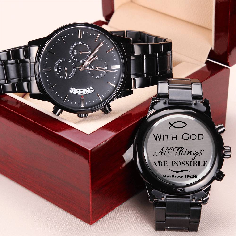 With God All Things Are Possible - Engraved Black Chronograph Watch - Dearly Loved Designs