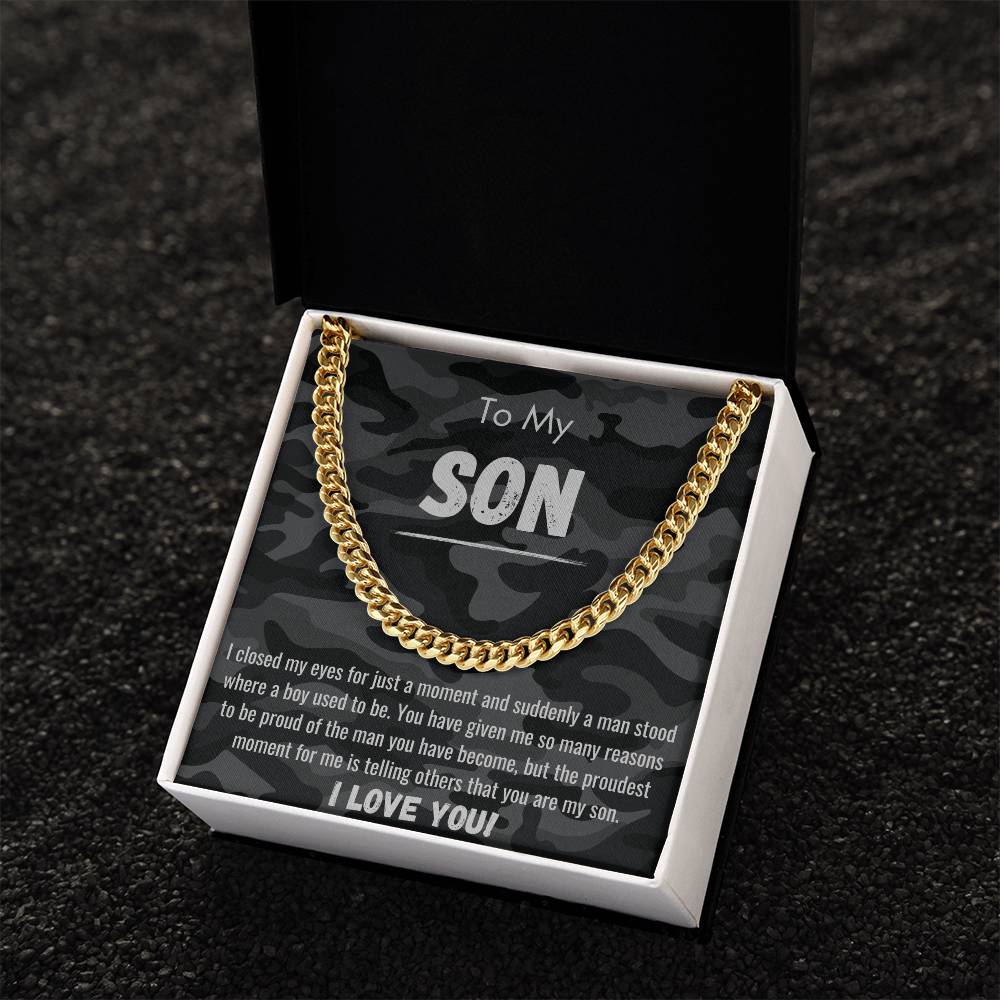 To My Son - Proud of the Man You Have Become - Camo - Cuban Chain Necklace - Dearly Loved Designs