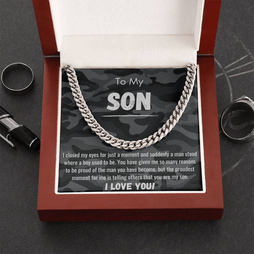 To My Son - Proud of the Man You Have Become - Camo - Cuban Chain Necklace - Dearly Loved Designs