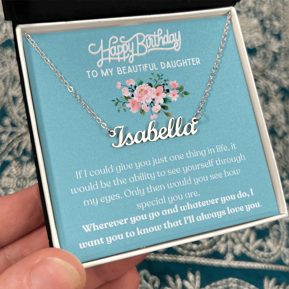 Happy Birthday, To My Beautiful Daughter - Blue Card/Pink Floral - Name Necklace - Dearly Loved Designs