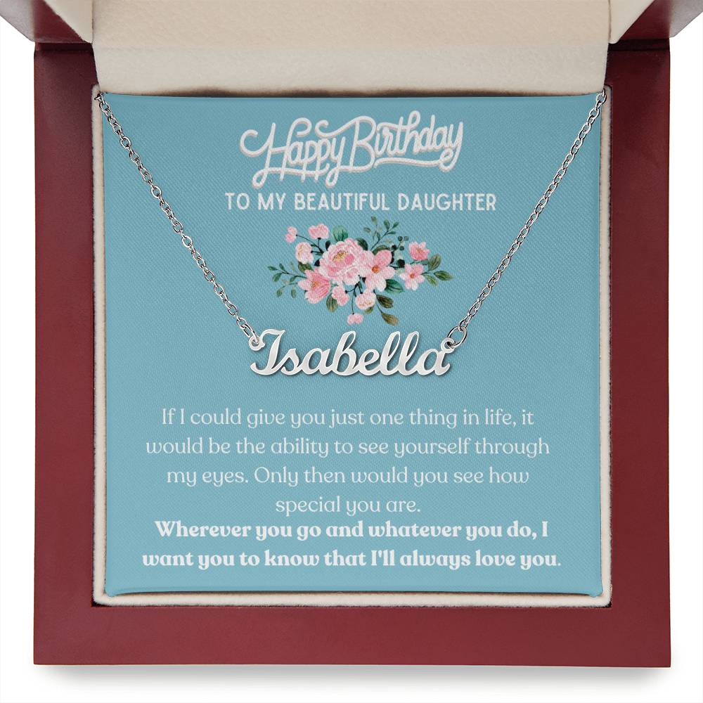 Happy Birthday, To My Beautiful Daughter - Blue Card/Pink Floral - Name Necklace - Dearly Loved Designs