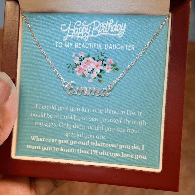 Happy Birthday, To My Beautiful Daughter - Blue Card/Pink Floral - Name Necklace - Dearly Loved Designs