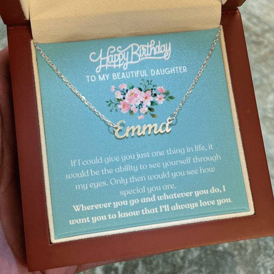 Happy Birthday, To My Beautiful Daughter - Blue Card/Pink Floral - Name Necklace - Dearly Loved Designs