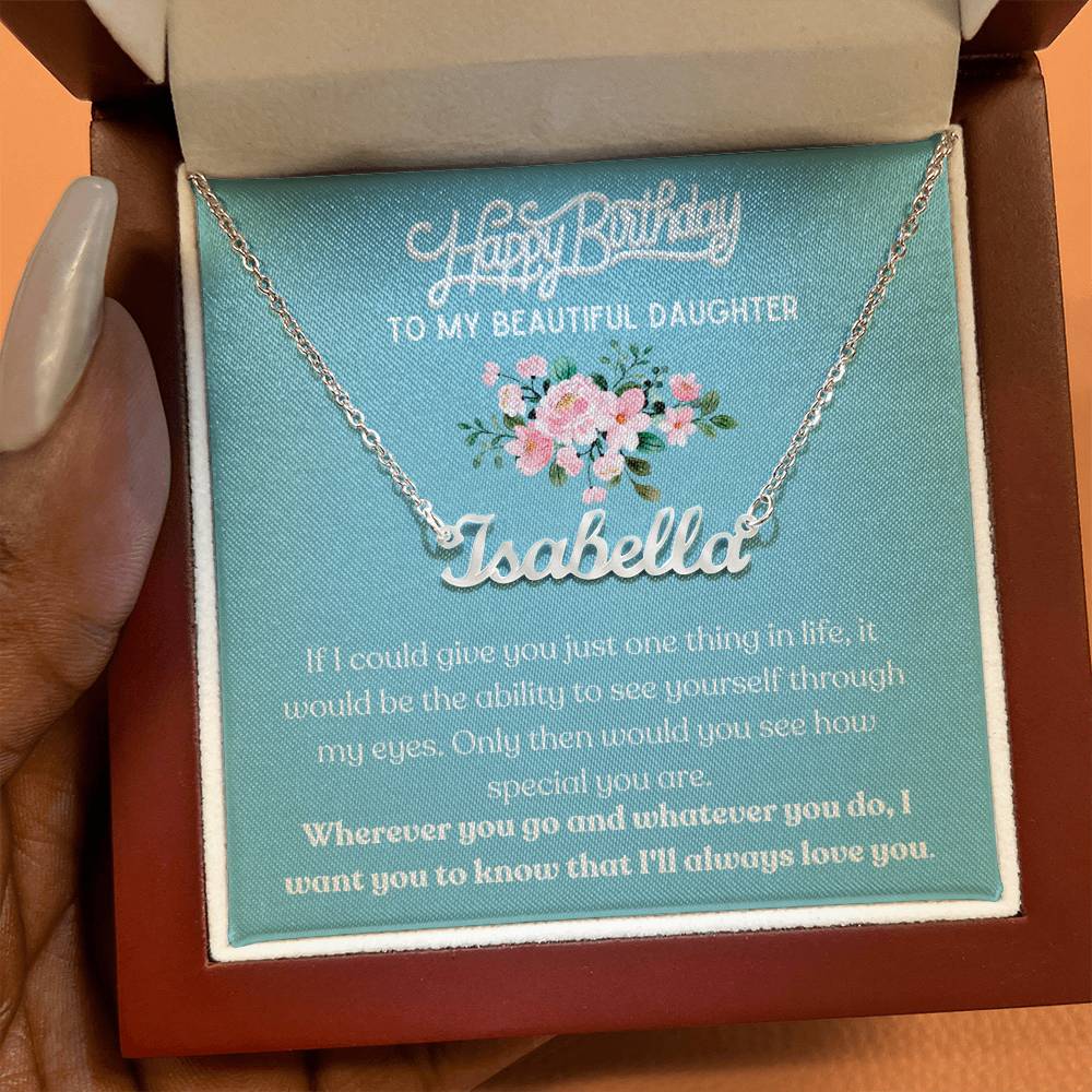 Happy Birthday, To My Beautiful Daughter - Blue Card/Pink Floral - Name Necklace - Dearly Loved Designs