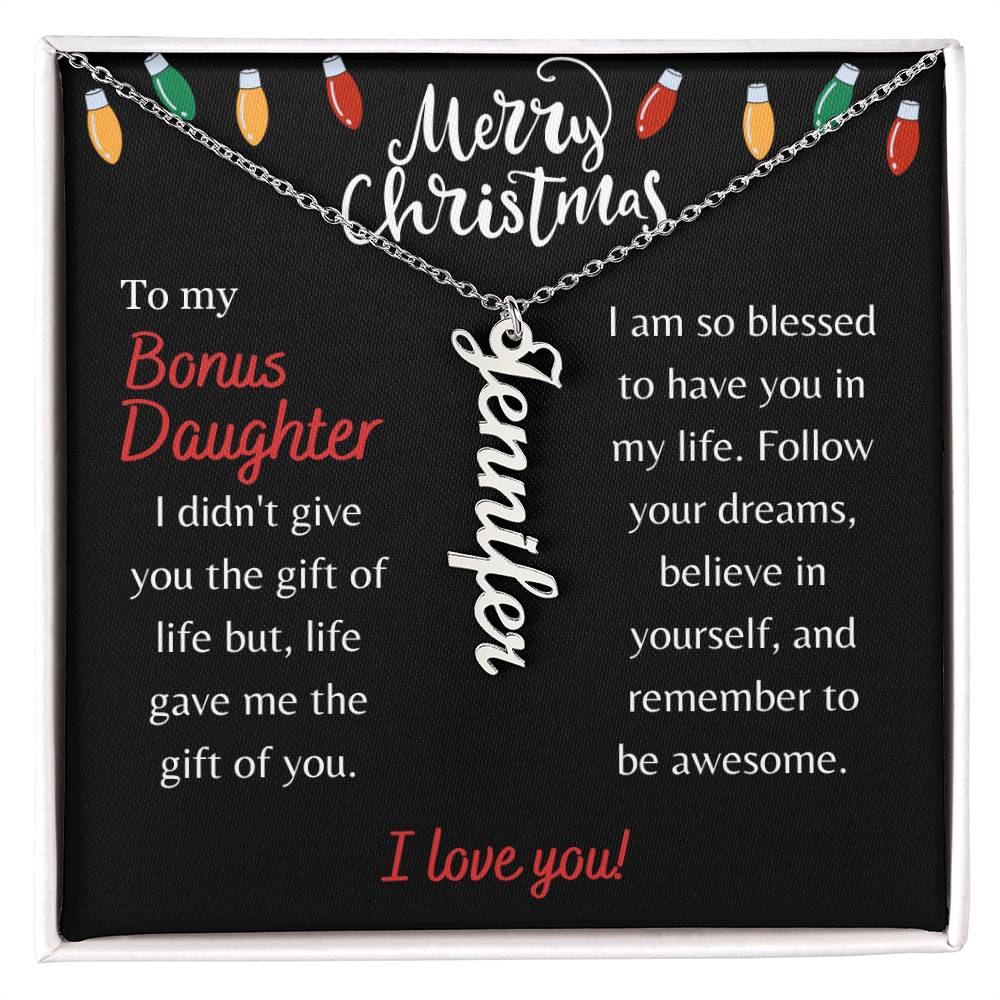 Merry Christmas, Bonus Daughter - String Lights - Vertical Name Necklace - Dearly Loved Designs