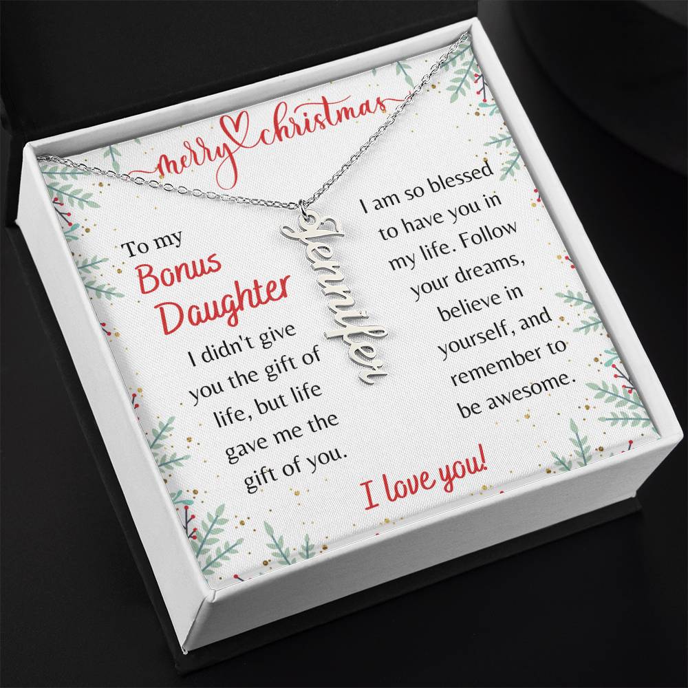 Merry Christmas, Bonus Daughter - Vertical Name Necklace - Dearly Loved Designs