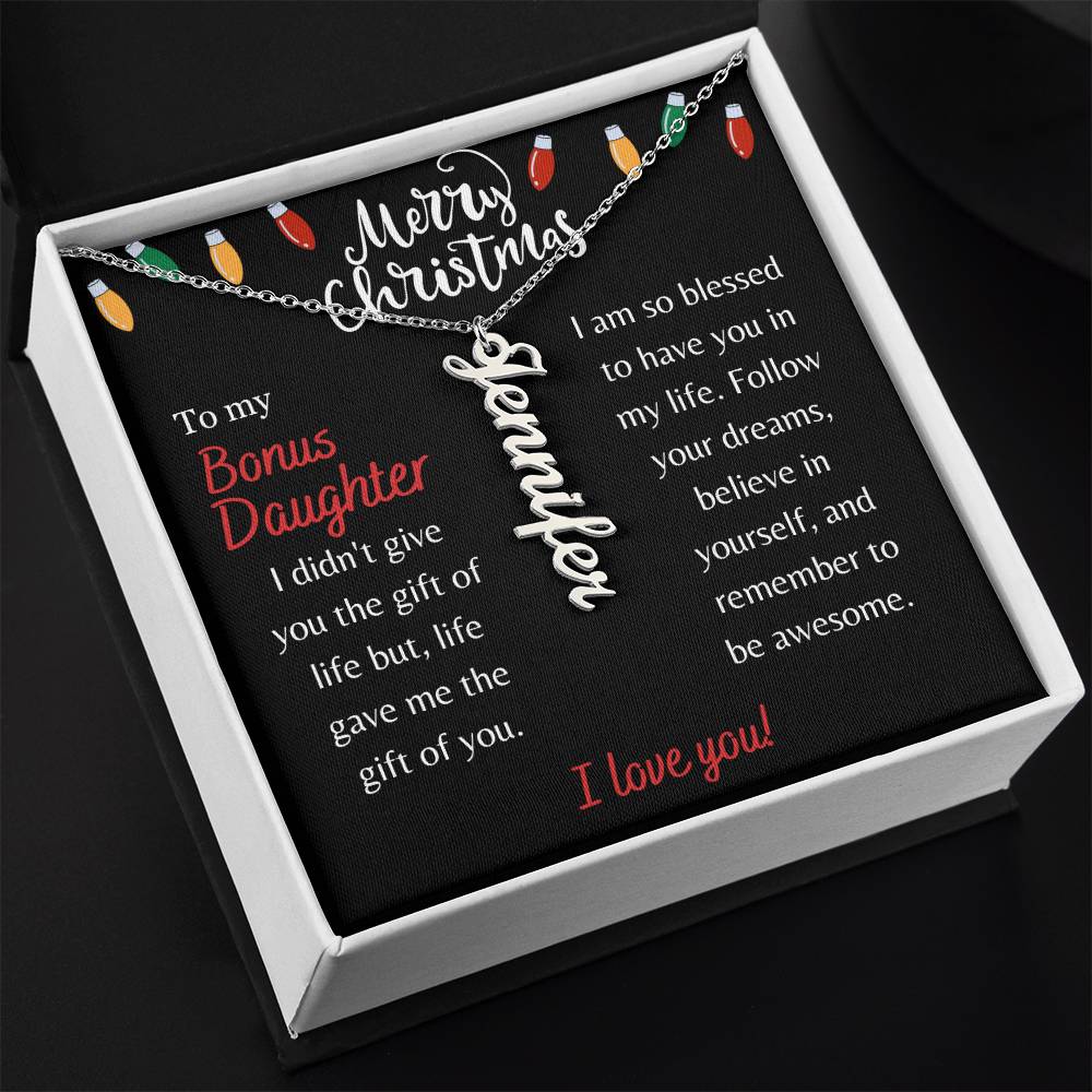 Merry Christmas, Bonus Daughter - String Lights - Vertical Name Necklace - Dearly Loved Designs