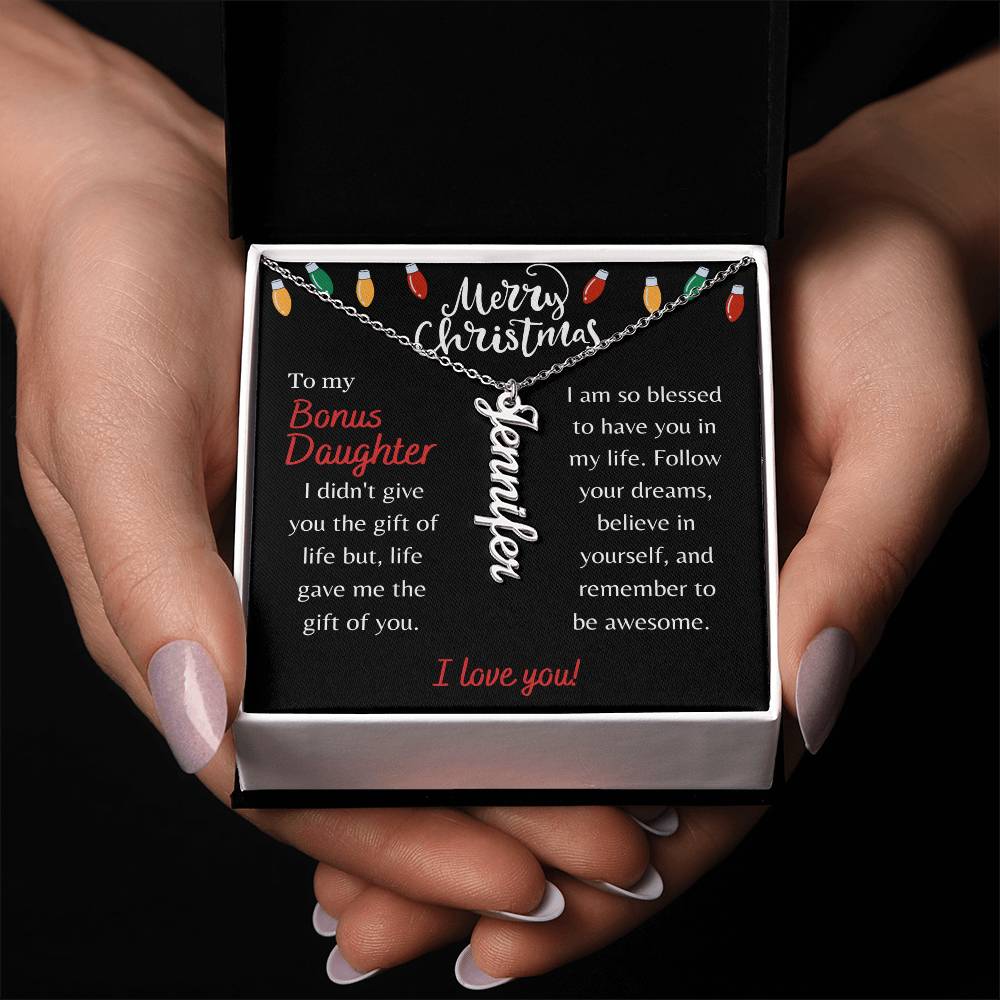 Merry Christmas, Bonus Daughter - String Lights - Vertical Name Necklace - Dearly Loved Designs