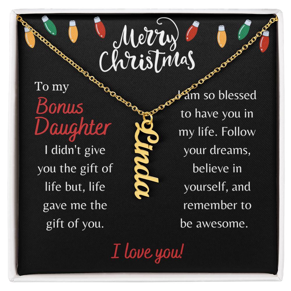 Merry Christmas, Bonus Daughter - String Lights - Vertical Name Necklace - Dearly Loved Designs