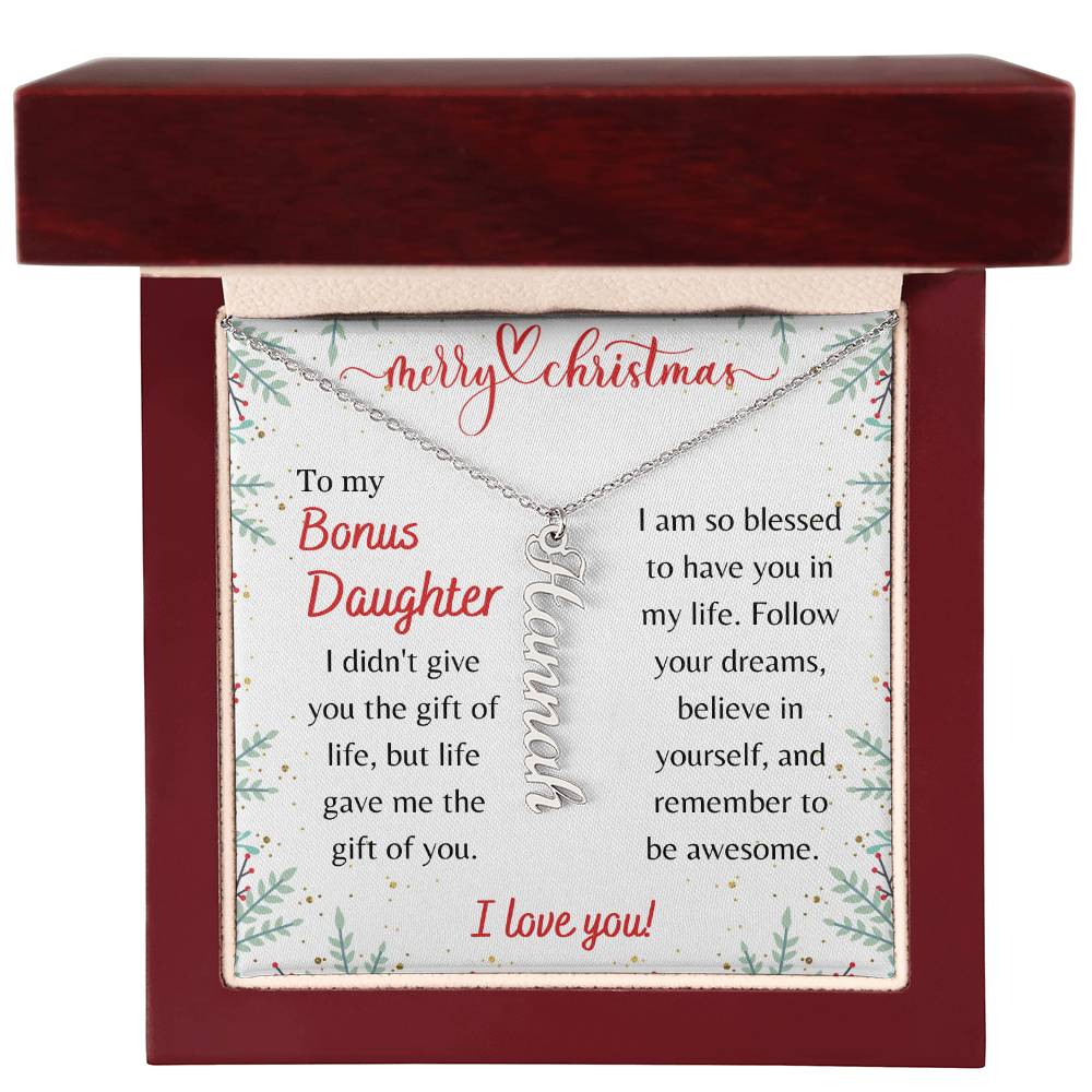 Merry Christmas, Bonus Daughter - Vertical Name Necklace - Dearly Loved Designs