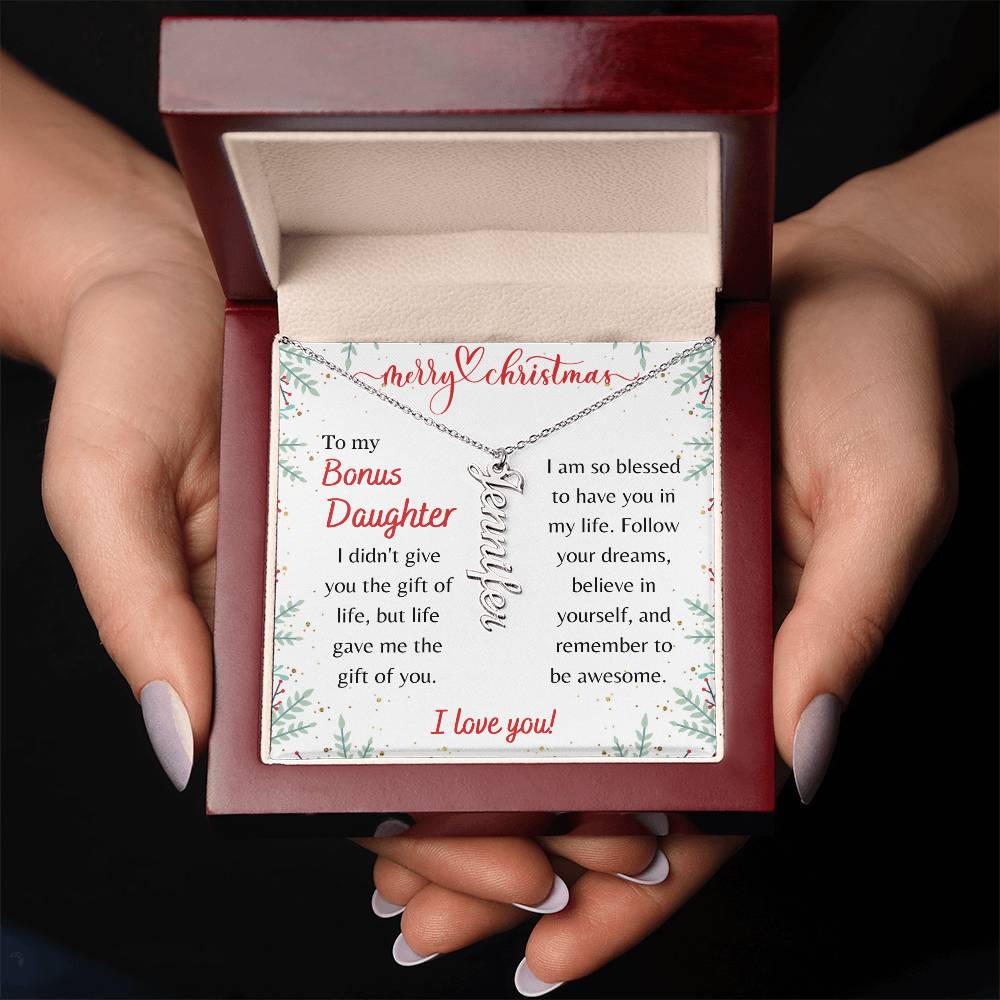 Merry Christmas, Bonus Daughter - Vertical Name Necklace - Dearly Loved Designs