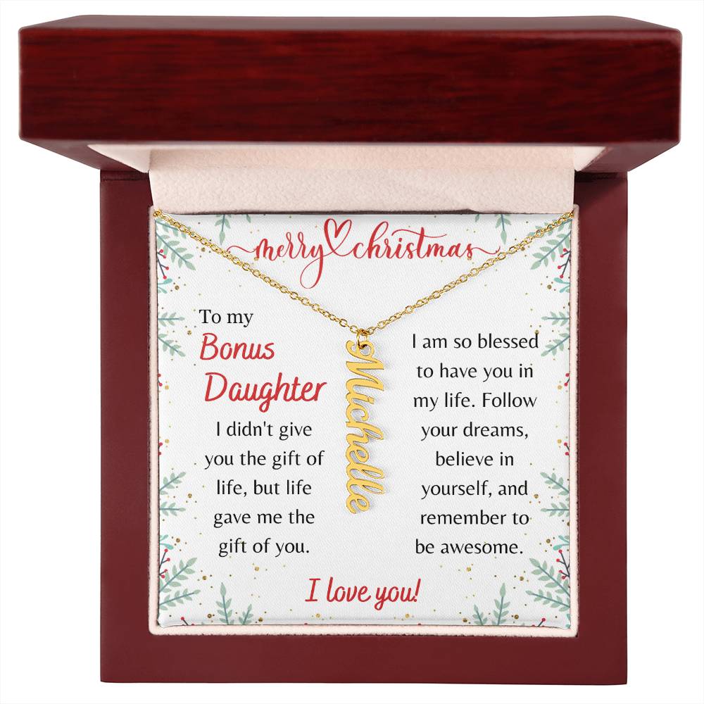 Merry Christmas, Bonus Daughter - Vertical Name Necklace - Dearly Loved Designs