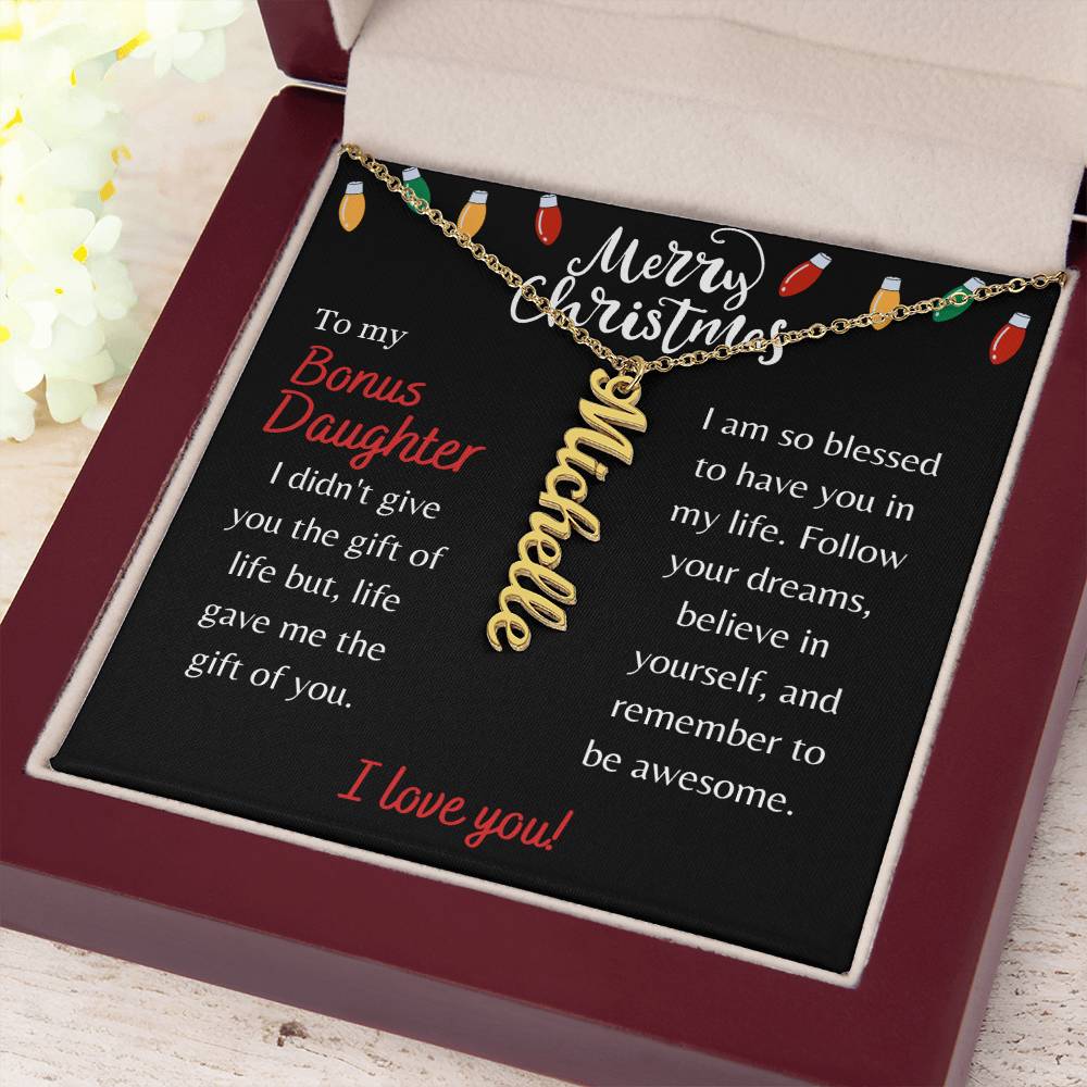 Merry Christmas, Bonus Daughter - String Lights - Vertical Name Necklace - Dearly Loved Designs