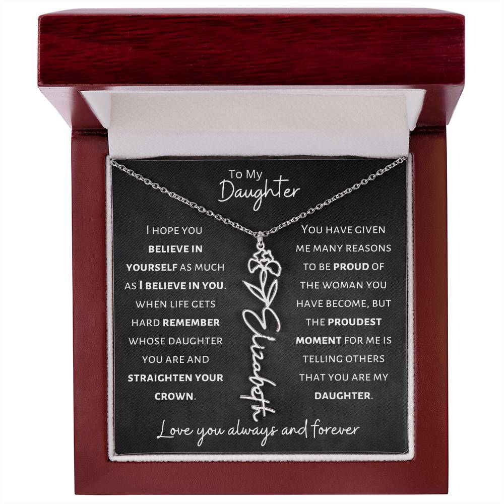 Daughter - Believe in Yourself - Birth Flower Vertical Name Necklace - Dearly Loved Designs