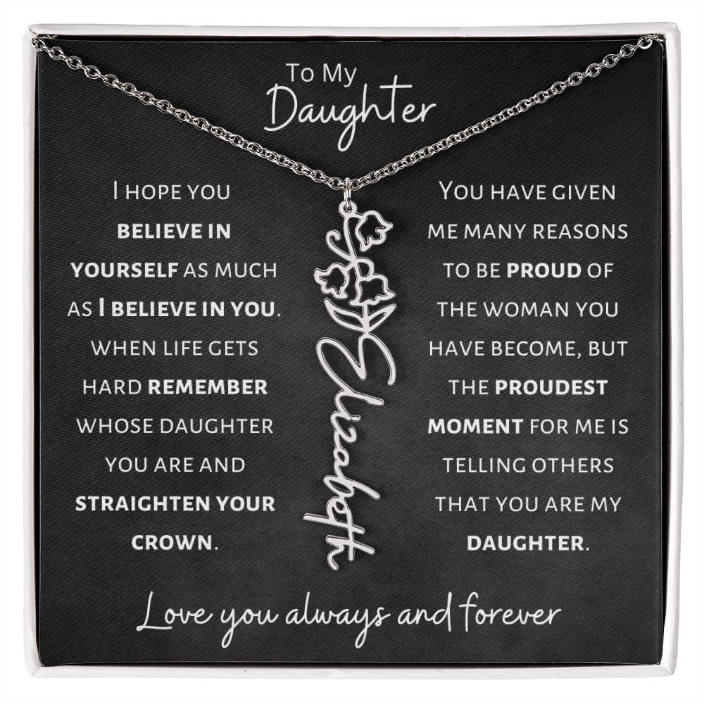 Daughter - Believe in Yourself - Birth Flower Vertical Name Necklace - Dearly Loved Designs