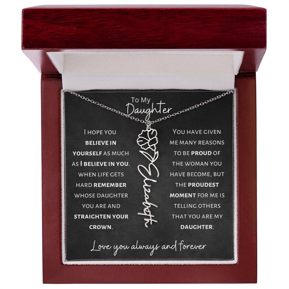 Daughter - Believe in Yourself - Birth Flower Vertical Name Necklace - Dearly Loved Designs