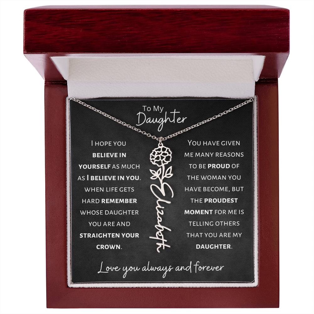 Daughter - Believe in Yourself - Birth Flower Vertical Name Necklace - Dearly Loved Designs